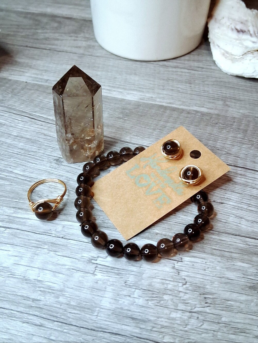 Smoky Quartz Crystal Tower, Bracelet, Stud Earrings, & Ring Gift Set 4 Piece